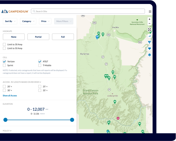 Laptop showing example of searching for campsite by reported cell service on the Campendium website
